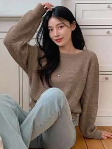 DAZY 女款純色不對稱肩休閒百搭日常長袖T恤 - 灰色 - 查看 7