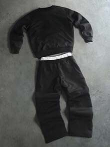 PAVTROS Men's Letter Embossed Long Sleeve Sweatshirt And Sweatpants Casual Set - Black - View 2