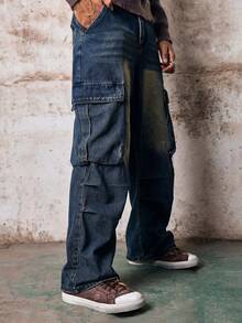 Skyrend 1pc Vintage Patchwork Multi-Pocket Distressed Loose Fit Wide Leg Jeans For Men, Fashion Versatile (Belt And Accessories Not Included) Fall/Autumn/Winter Grunge - Blue - View 8