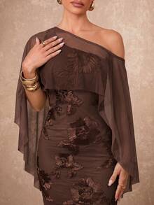 Lumalex 深褐色不對稱單肩無袖修身網紗洋裝，附3D花朵貼花，適合婚禮、晚餐約會、派對、正式場合，夏季優雅休閒風 - 棕色 - 查看 9