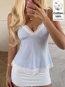 CovetEZ 100%純棉優雅藍白條紋女款夏季修身背心，胸部抓皺娃娃上衣配蕾絲拼接，極簡可愛風格，適合早午餐與日常穿著 - 藍色 - 查看 8