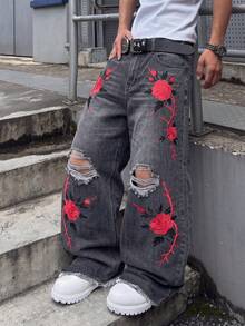 GALLERY FADE Men's Gothic Red Rose Embroidery Distressed Wide Leg Jeans, Y2K Punk Vintage Denim Pants - Light Grey - View 3