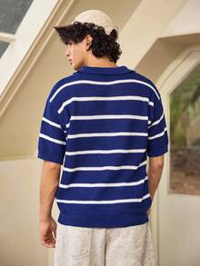 Whitmere Spring/Summer New Striped Knit Polo Shirt For Men, Contrast Color Seagull Collar, Textured Short Sleeve, Retro Casual Commute Business Sports Loose Fit Slimming Top - Blue - View 3
