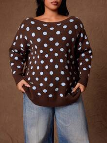 Rustia Plus Size Women's Polka Dot Asymmetric Shoulder Casual Daily Long Sleeve Sweater Fall - Multicolor - View 5