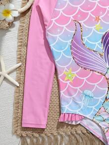 THE HAPPY LOOK Young Girls T-Shirt Co-Ords Baby One-Piece Swimsuit Long Sleeve Colorblock Raglan Sleeves Mermaid Print Ruffle Hem Ocean Print Pink Multicolor Cute Style Cute Print Vacation Style Suitable For Baby Spring Summer Outings Spring Trips Vacation Pool Beach Sand Baby Swimwear - Multicolor - View 6
