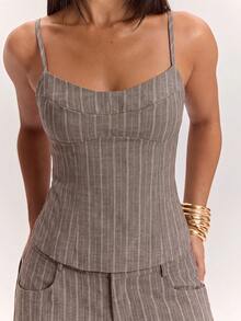 SHEIN BAE Women's Striped Fitted Casual Camisole - Khaki - View 4