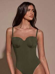 SHEIN BAE 女款純色極簡性感街頭風細肩帶連身衣 - 軍綠色 - 查看 3