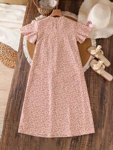 SHEIN 少女小碎花休閒睡裙居家服 青少年睡衣連身裙 蕾絲細節睡裙 - 杏色 - 查看 2