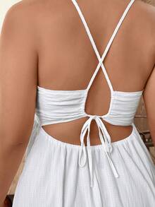 EMERY ROSE Plus Size Women Summer Solid Color Side Slit Hem Sexy Spaghetti Strap Dress - White - View 4