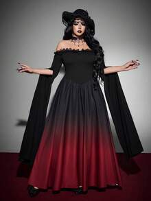 Whyspr Elegant Off Shoulder Gradient Lace Trim Patchwork Plus Size Dress, Dark Style Halloween Outfit, Elegant Gradient Color Dress Halloween Goth Fall - Black - View 1