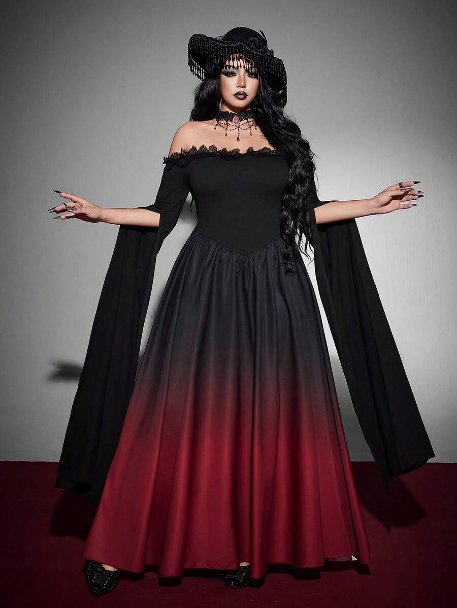 Whyspr Elegant Off Shoulder Gradient Lace Trim Patchwork Plus Size Dress, Dark Style Halloween Outfit, Elegant Gradient Color Dress Halloween Goth Fall - Black - View 1