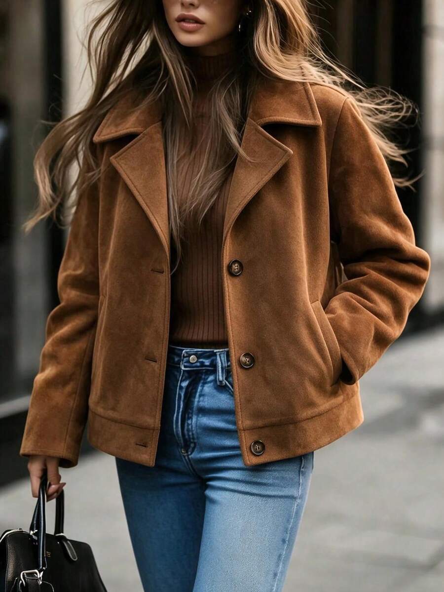 SHEIN Autumn/Winter Shades Of Brown Matte Suede Texture Notch Lapel Single-Breasted Loose Long Sleeve Casual Jacket, Minimalist Commuter Style Daily Wear