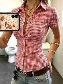 EMERY ROSE Women's Polo Collar Short Sleeve Fitted Shirt - Red - View 5