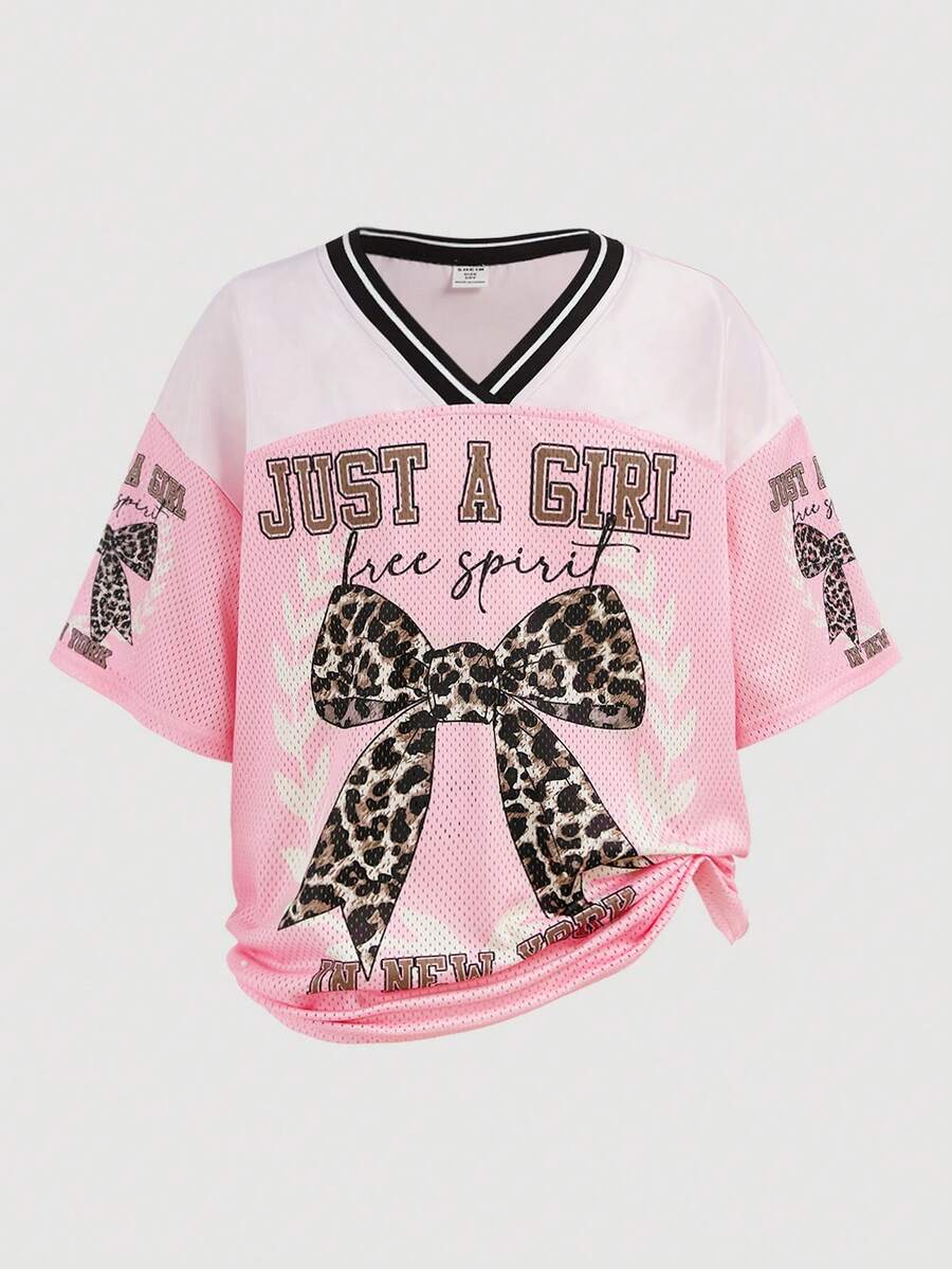 SHEIN Girlism Tween Girls Y2K 休闲街头服饰豹纹蝴蝶结标语图案印花网眼拼接 V 领宽松短袖针织 T 恤,粉色 - 粉色 - 查看 1