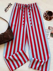 SHEIN EZwear 大尺碼女款紅色寬腿鬆身長褲，附腰部綁帶，秋季度假正式休閒西式風格 - 彩色 - 查看 3