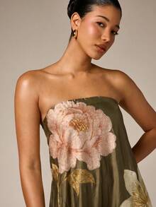AiiRZ Strapless Maxi Dress With Large Scale Floral Embroidery On Satin A-Line Silhouette For Evening And Special Occasions - Army Green - View 5