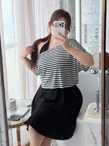 Vibekara Set Kasual Wanita Ukuran Plus: Kaos Lengan Kelelawar Bergaris dengan Bahu Asimetris dan Gaun Leher Halter - MultiWarna - View 6