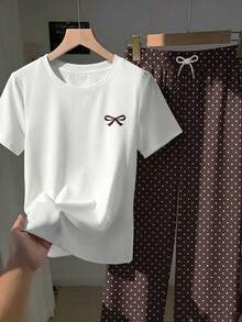 SHEIN Sparklyn 青少年女孩 2件組簡約休閒輕奢印花套裝，圓點寬腿褲兩件套，適合日常外出，夏季舒適穿搭 - 棕色 - 查看 3