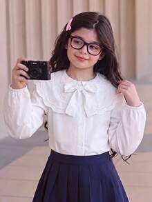 SHEIN Tween少女春夏季休閒日常外出法式優雅學院風裝飾大領花朵大蝴蝶結燈籠袖修身長袖襯衫，開學季經典百搭娃娃風白色上衣長袖上衣，可愛女童上衣 - 白色 - 查看 4