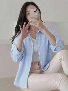 DAZY 女款休閒通勤條紋襯衫 - 藍色 - 查看 8