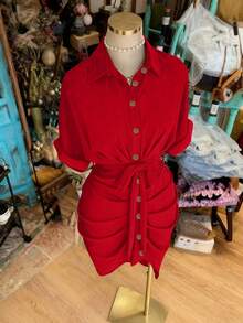 NostaNoir Vestido camisa de manga corta con cuello, abotonadura sencilla y cintura con lazo - Rojo - Ver 3