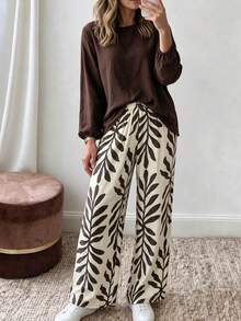 Louniche Casual Vacation Linen Brown Shirt + Tree Branch Pattern Long Pants Women 2pcs Set - Brown - View 1