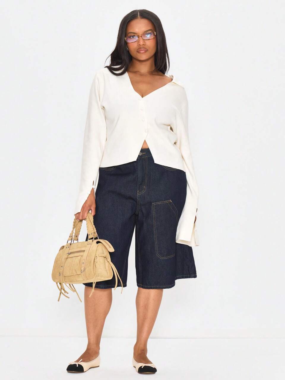 Plus Size White Long Sleeve Asymmetric Button Detail Top Winter Fall Going Out Womens Outfit