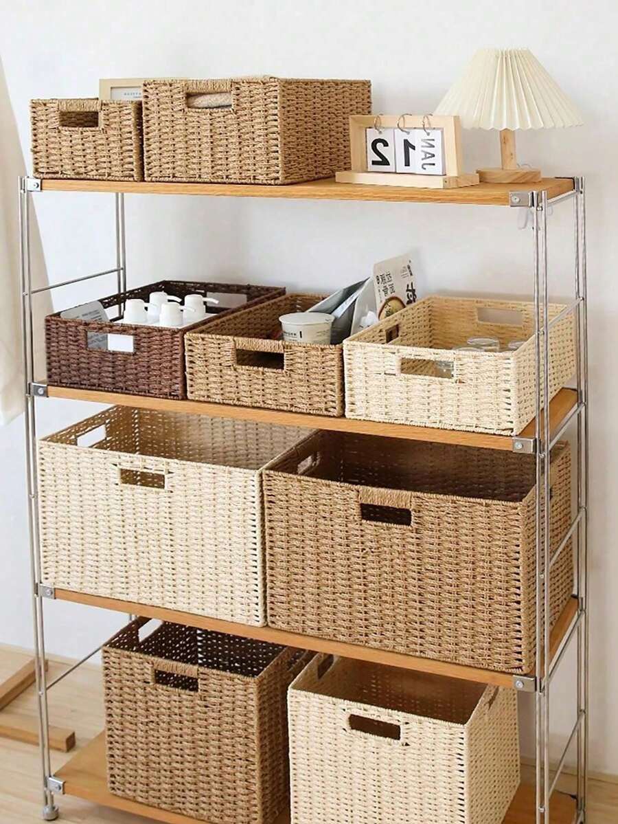 Haus Hana 1pc Handmade Woven Storage Basket, Minimalist Zen-Inspired Solid Color Storage Box, Bohemian Style Organizer For Living Room, Desktop, TV Stand, And Wardrobe - View 1