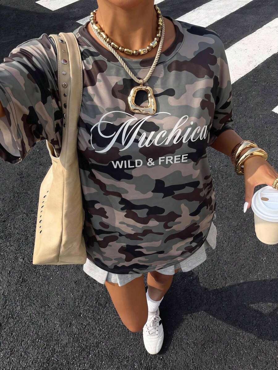 Muchica 女款迷彩圖案可調節T恤,適合夏季秋季,休閒鄉村街頭風 Y2K Rave 日常派對旅行音樂會節慶狂野風,灰色迷彩 - 軍綠色 - 查看 1