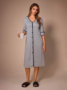 Lazeform Cardigan Bergaris Vertikal Lengan Pendek Leher V Panjang Tekstur Bergaris Lembut Nyaman Pakaian Santai Wanita - Grey - View 6