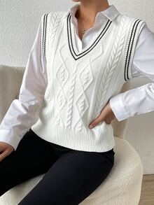 SHEIN PariChic 女款條紋V領休閒百搭針織背心 - 白色 - 查看 6