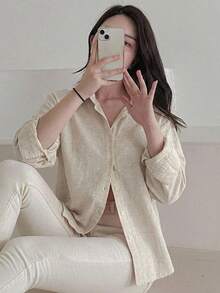 DAZY 女款休閒百搭寬鬆純色襯衫 - 杏色 - 查看 4