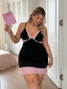 Slumberry CURVE Sweet INS Colorblock Criss-Cross Lace Patchwork Backless Hollow Out Spaghetti Strap Mini Sexy Knit Plus Size Nightgown - Black - View 4