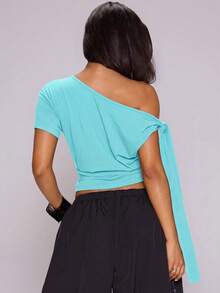 MUSERA Water Blue Ersey Graphic Print Off The Shoulder Tie Top - Blue - View 4
