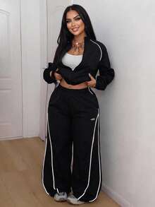 SHEIN PETITE CURVE Plus Size Women's Contrast Color Zipper Long Sleeve Top And Pants Casual Everyday 2 Pieces Set - Black - View 8