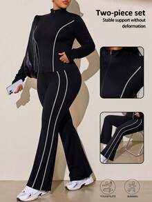 SHEIN Rhythm Era Women's Plus Size Color Block Long Sleeve Top And Flare Pants Casual Daily Sports Set Fall - Black - View 1