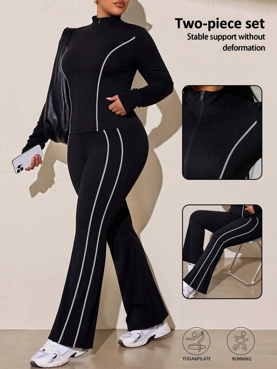 SHEIN Rhythm Era Women's Plus Size Color Block Long Sleeve Top And Flare Pants Casual Daily Sports Set Fall - Black - View 1