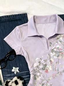 IslaSuriya 女款 POLO 領修身 T 恤，休閒浪漫可愛極簡優雅風短袖夏季上衣，花卉圖案早午餐薰衣草色 - 彩色 - 查看 4