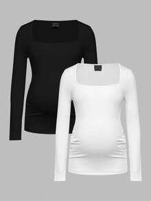 Modmama 2pcs Pregnant Women Skinny Long Sleeve Square Neck Casual T-Shirt Set, For Maternity Fall - Black and White - View 8