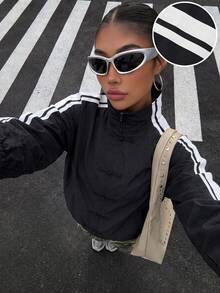 Muchica Women's Street Striped Colorblock Frog Button Long Sleeve Lightweight Jacket - Black and White - View 6