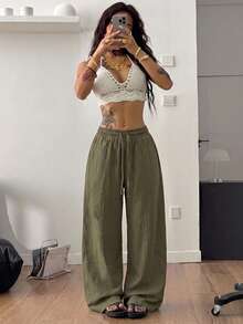 Coolane 女款純色抽繩腰休閒百搭日常穿著長褲 - 軍綠色 - 查看 2