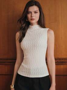 Anewsta Atasan Tank Top Tanpa Lengan Bertekstur Pas Badan dengan Trim Rumbai Warna Beige Aprikot Awal Musim Gugur untuk Wanita - Krem - View 5