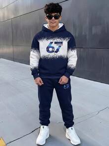 SHEIN 兒童青少年男孩字母與數字印花連帽衛衣與運動長褲休閒日常套裝 - 藍色 - 查看 1