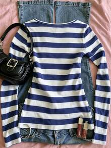 IslaSuriya Atasan Cami Berenda Bergaris Biru & Putih Lembut Gaya Korea dengan Desain Lengan Panjang 2 in 1 - Blue and White - View 2