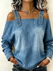 SHEIN Atasan Kasual Wanita Model Off-Shoulder dengan Motif Vintage - Biru - View 1
