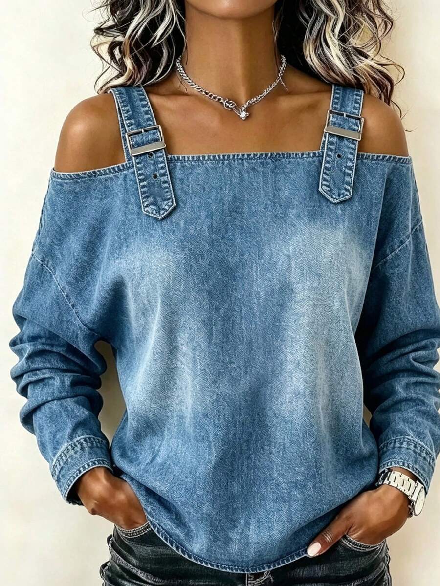 SHEIN Atasan Kasual Wanita Model Off-Shoulder dengan Motif Vintage - Biru - View 1