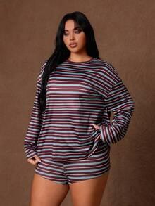 Rustia Summer New Round Neck Striped Loose Casual Long Sleeve T-Shirt And Drawstring Shorts Set Plus Size 2-Piece Fall - Multicolor - View 6