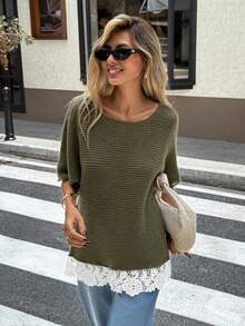 Serisse Women's Round Neck Short Sleeve Contrast Lace Hem Knit Top - Army Green - View 4