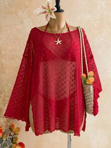 Soleia Long Sleeve Asymmetrical Shoulder Knit Jacquard Loose Fit Split Hem Top - Red - View 8