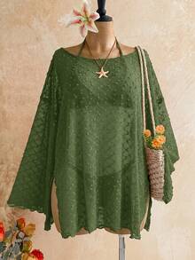 Soleia Long Sleeve Asymmetrical Neck Knit Jacquard Loose Fit Slit Top - Dark Green - View 8